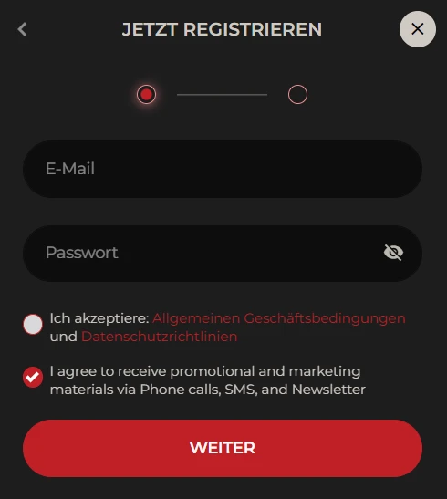 Registrierungsformular von God Of Casino mit Feldern für E-Mail, Passwort und rotem Button „Weiter“