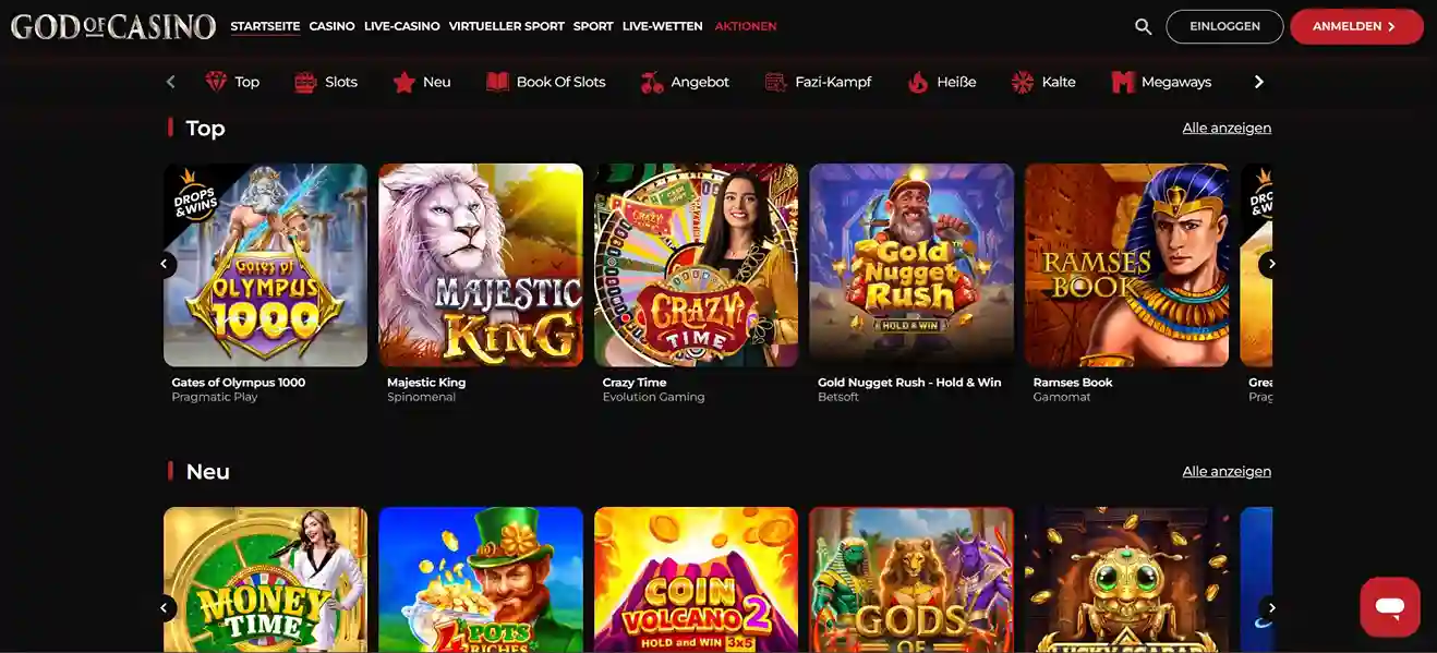 Startseite von God Of Casino mit beliebten Slots wie Gates of Olympus 1000, Majestic King und Crazy Time