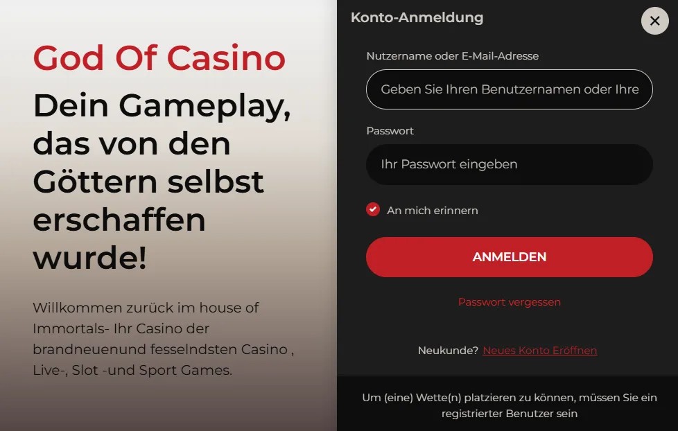 Loginfenster von God Of Casino mit Konto-Anmeldung, Eingabefeldern für Benutzername und Passwort und roter Schaltfläche „Anmelden“